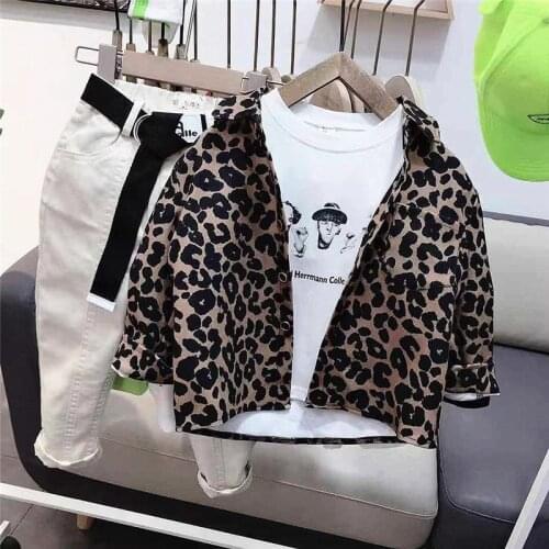 Spring Autumn Boy Suit 2021 New Kids Boys Fashion Casual Clothing Set Korean Leopard Shirt Jacket White T-shirt Pants Baby 3pcs