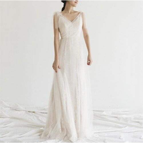 Floor Length vestidos Bohemian Lace Wedding Dresses 2021 V-neck Straps A Line Boho Wedding Gown Bow Plus Size Beach Bridal Gowns