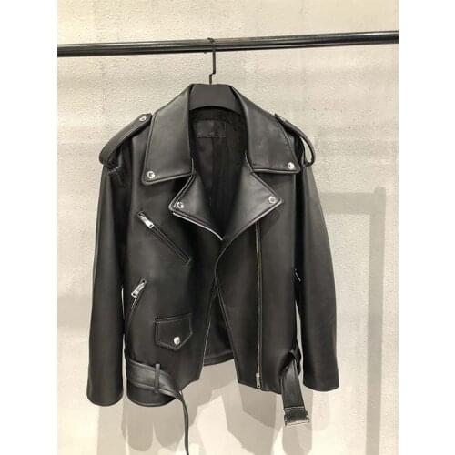 Cosmicchic Womens Moto Biker Zipper Jacket Genuine Leather Sheepskin Casual Outwear Bomber Jacket 2020 Autumn Winter Coat