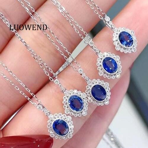 LUOWEND 100% 18K White Gold Pendant Necklace Natural Diamond Jewelry Luxury Elegant Women Necklace Blue Sapphire