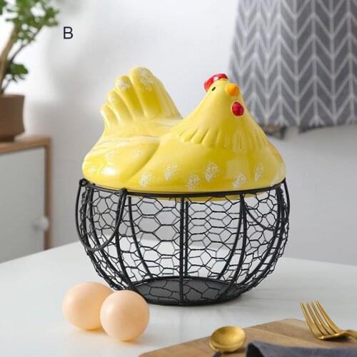 Metal Wire Basket with Ceramic Hens Cover Fruit Basket Egg Holder Decorative Kitchen Storage Baskets for Household Items J2Y
