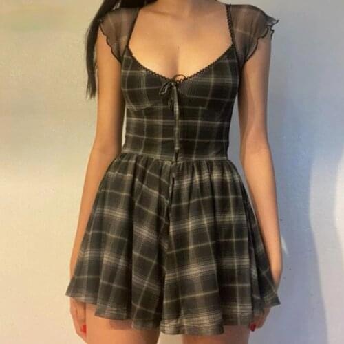 Fashion Lattice Pattern A-Line Short Sleeve Mini Dress For Women 2021 Summer Casual Stretch Comfortable Lady Streetwear