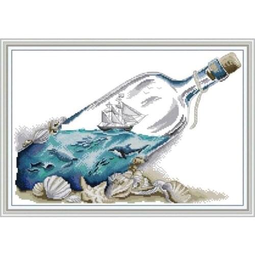 BMBY-Sea in Bottle Scenery Painting Counted Cross-Stitch Kits 11CT Printed Canvas DIY for Needlework Sets for Embroidery Kit