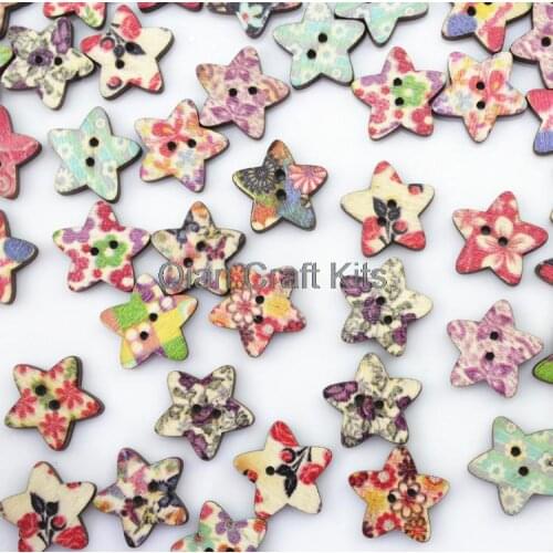 Set of 200pcs mixed color kawaii floral printed star Wooden button wood 18mm wholesale for scrapbook decor,sewing button-MK0257