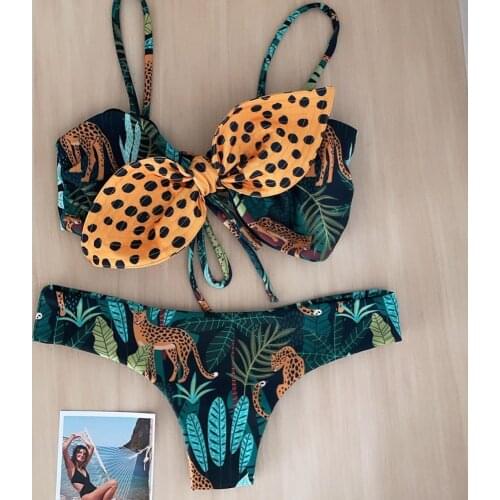 2021 New Sexy Low Waist Bikini Set Swimwear Women Print Floral Dots Strappy Bandage Swimsuit Bathing Suit Beachwear biquini