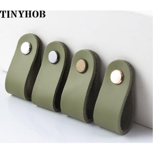 Matcha Green Handmade Cabinet Handle Soft Cow leather Leather Dresser Drawer Door Knobs Pull Furniture Hardware Leather Handle