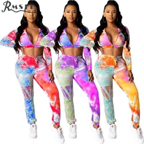 RMSFE 2020 Women Vital Seamless Set Gym Tie Dye Print Hooded Bandage 2 Piece Set Women Full Sleeve Top And Pant Summer Sets
