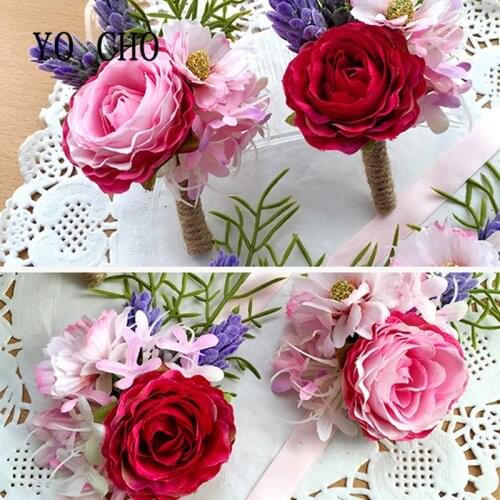 YO CHO High Quality Vivid Wedding Wrist Corsage Flowers Bridesmaid Silk Rose Corsage Hand Flower Artificial Flower For Wedding