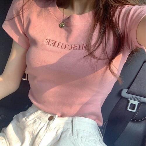 New Summer Women T-shirt Letter Embroidery Solid Color T Shirts Casual Tops Tee Harajuku O Neck Female Shirt Woman Mujuer