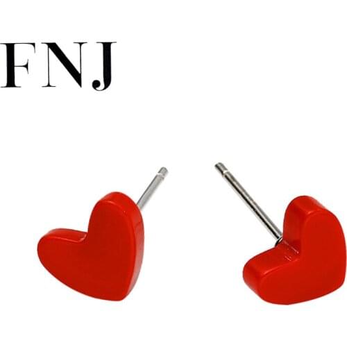 FNJ Red Stone Heart Earrings 925 Silver Jewelry Original Pure S925 Sterling Silver Stud Earring for Women