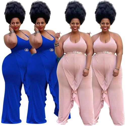 Women Plus Size Jumpsuit Sleeveless Halter Bandage Ruffles Long Flare Jumpsuits Sexy One Piece Rompers Long Elegant Playsuit 4XL