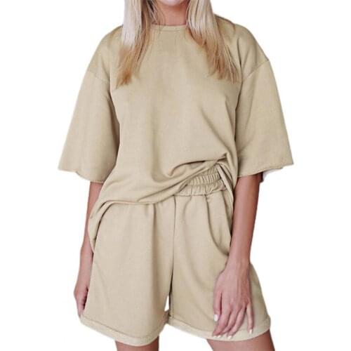 Stylish Women Tracksuit Solid Color Pockets Summer Round Neck Short Sleeve T-shirt Shorts Set for Sports Skin-friendly 2021