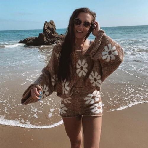 Women Knitted Sweater Suits Fashion Zip Shorts Spring Autumn Two Piece Beach Sets Casual Long Sleeve Loose Pullover Tops Outfits