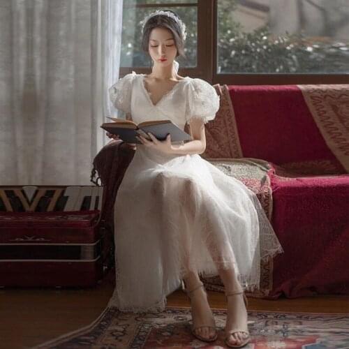 Women White V-neck Short Sleeve Evening Dresses Elegant Fairy A-line Tulle Formal Wedding Dress Toast Clothing Plus Size 3XL