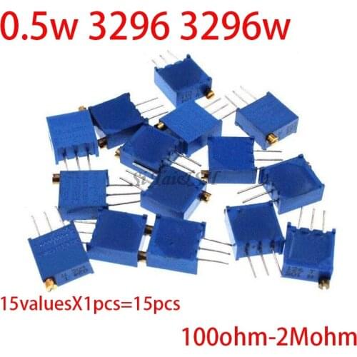 15valuesX1pcs=15pcs 100ohm-2Mohm 0.5w 3296 3296w Variable Resistors MultiTurn trimmer adjustable precision Potentiometer kit