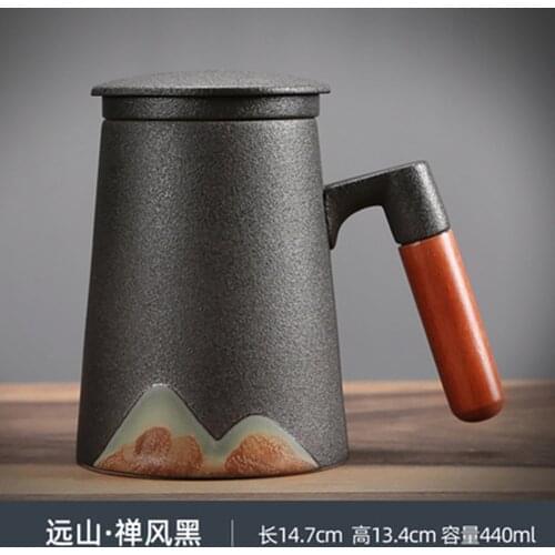 440ml Ceramic Mug Retro Coffee Cup Office Water Cup Filter Tea Cup with Cover Cups and Mugs Wooden Handle Birthday Gift Box