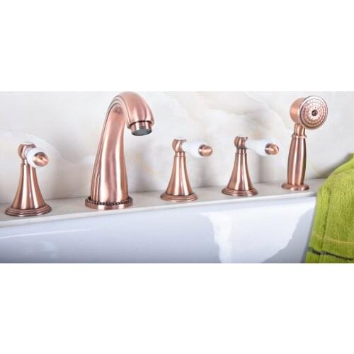 Antique Red Copper Five Hole Deck Mount Bathroom Tub Faucet Set with Handheld Shower Spray Head Mixer Tap Dtf192