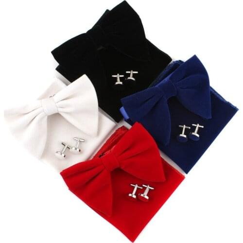 Velvet Big Bowties For Women Groom Tuxedo Party Wedding Bow Tie Skinny Solid Men Gravatas Pocket Square Cufflinks Bowtie Sets