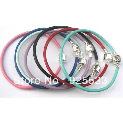 Free shipping 14pcs/lot silver plated clasp 20cm fashion real cowhide jewelry chains European DIY bracelet mix color