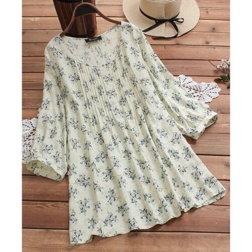 Floral Printed Blouse Women Clothing Casual Plus Size Loose Cotton Linen Sleeve Button Tunic Shirt Summer O Neck Shirt blusas