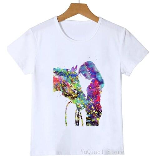 Watercolor Girl Love Horse Print Kids White Tshirt Summer Childrens Animal Print T Shirt Cute Casual T-Shirt Short Sleeve Top