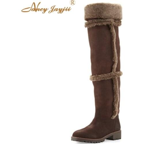 Women Snow Plush Kid Suede Shearling Tall With Cashmere Rome Coconut Tonal Top High-Knee Boots Outdoor Large Size 12 13 14
