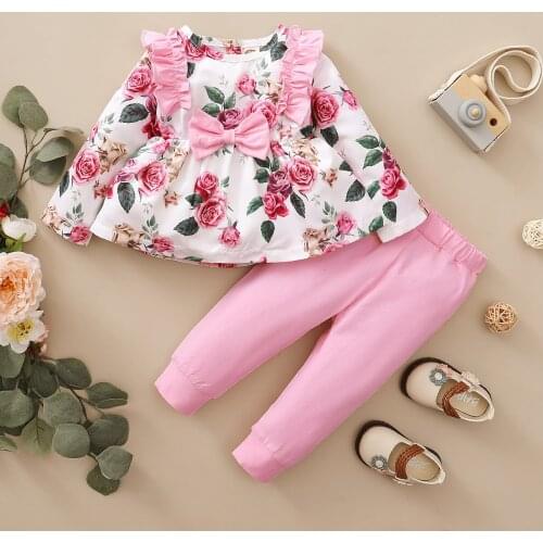 Winter Fall Newborn Baby Girls Toddler 2PCS Clothes Set Long Sleeve Floral Top Long Pants Embroidery Kids Children