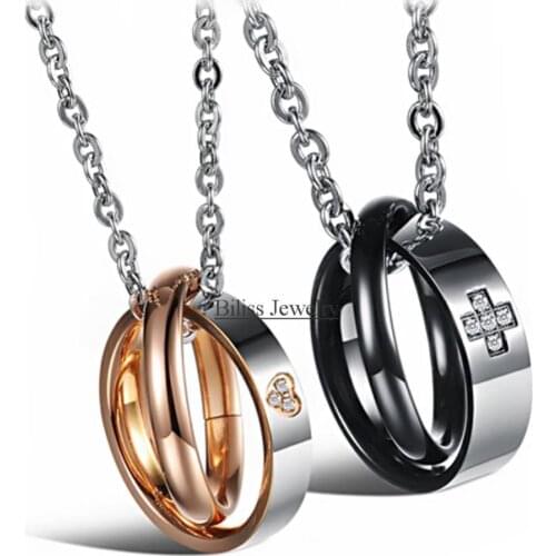 Stainless Steel Love Heart Cross with Cubic Zirconia Interlocking Circle Pendant Necklace Couples Best Friends Necklaces -1 PCS