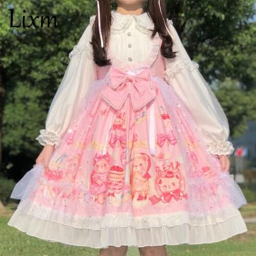 Sweet princess lolita dress bear strawberry cake print jsk suspender dress vintage Kawaii victorian dress gothic lolita loli
