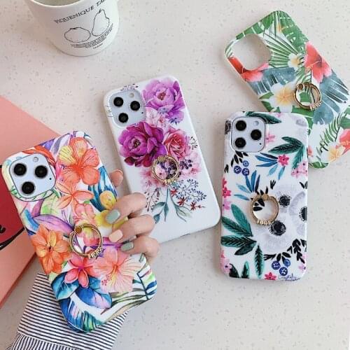Beauty Colorful Flower Soft TPU Case for iPhone 12 Mini 11 Pro XS Max XR 7 8 Plus Floral Leaves Finger Ring Holder Stand Cover