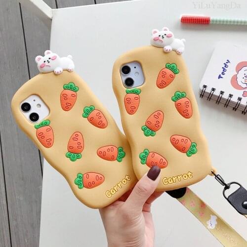 For iPhone 6 6s 7 8 Plus X XR XS 11 12 Mini Pro Max SE 2020 Cute 3D Cartoon Carrot Rabbit Phone Case Soft Silicone Cover