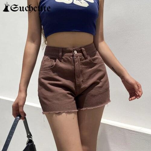 SUCHCUTE Streetwear Slim Outfits Summer Shorts Vintage Brown Jeans Shorts High Waist Harajuku 90s Skinny Female Denim Shorts