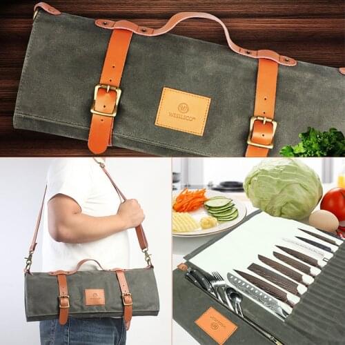 Chef Knife Bag Canvas Roll Bag Carry Case Bag Kitchen Cooking Portable Durable Storage with 10 knife holder Pockets