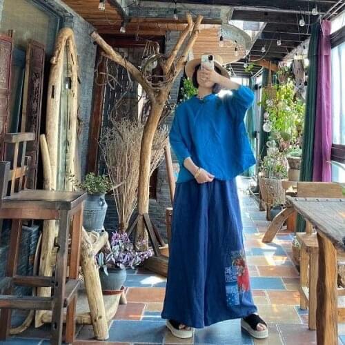 Women Spring Autumn Linen Elastic Waist Wide Leg Pants Ladies Patchwork Flax Trousers Female 2021 Wide Leg Pants
