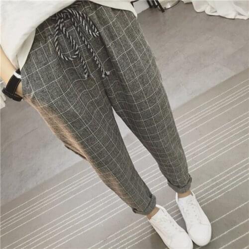 Womens Pants 2020 New Summer Casual Loose Harem Pants Cotton Linen Plaid Capris Grid Spring Literary Trousers Sarouel Femme