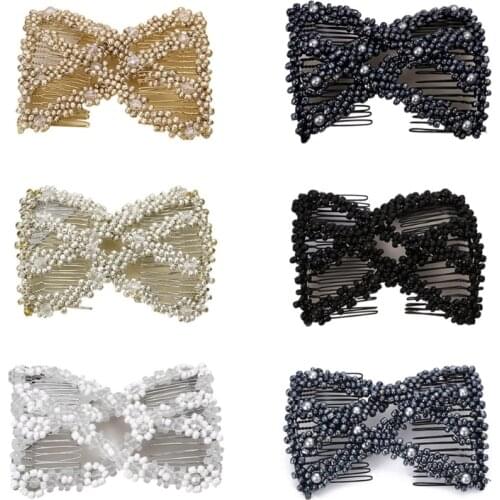 Women Twist Rhombus Beaded Hair Side Combs Stretchable Double Clips Bun Maker B95F