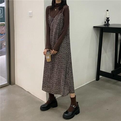 Autumn Winter Women Two Piece Sets Long Sleeve Turtleneck Bottoming Shirt &Straps Printed Midi Dress Sets 2pc Chic Skirt Outfits