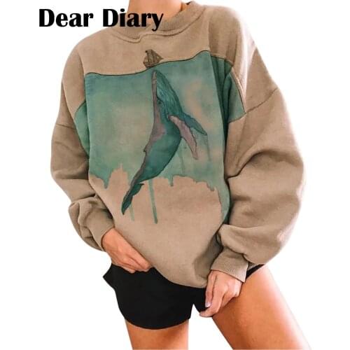 Women Fish Whale Printing Long Sleeves Korean Style Hooded Harajuku Sweatshirt Pullover Retro Tops Hoodies Sportwear Streetwear
