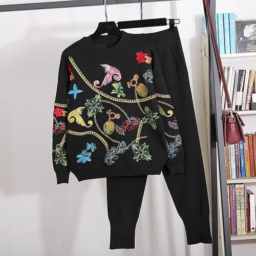 Fashion Flower Embroidery Casual Knitted Tracksuit Female 2pc Set Black Pullover Sweater Pencil Pants Loose Knit Outfits Women