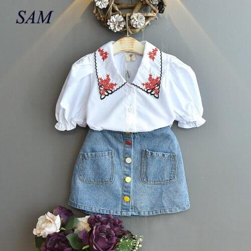 Toddler Outfit Girl Clothes Sets Summer New Fashion Embroidery Collar Puff Sleeve Blouse Shirt+ A-line Denim Skirt 2pc Clothing