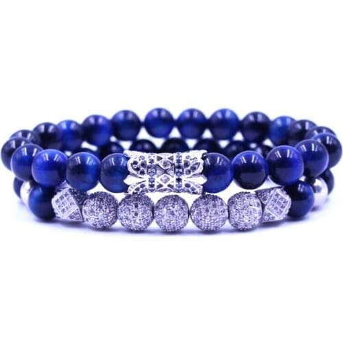 8mm 2PCS/Set silver tv2 elastic adjusted nature lapis lazuli micro pave cz zircon cubic zirconia tube Bracelet Jewelry