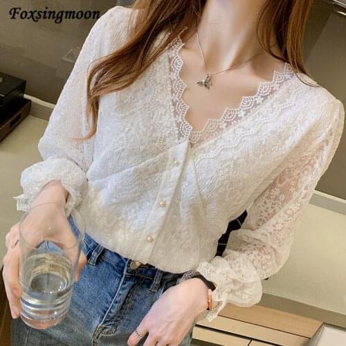 Women Long Sleeve Blouses 2021 Korean Fashion Blouses Autumn New Apricot Shirt Blouse Lace edge V-neck Office lady Womans Shirt