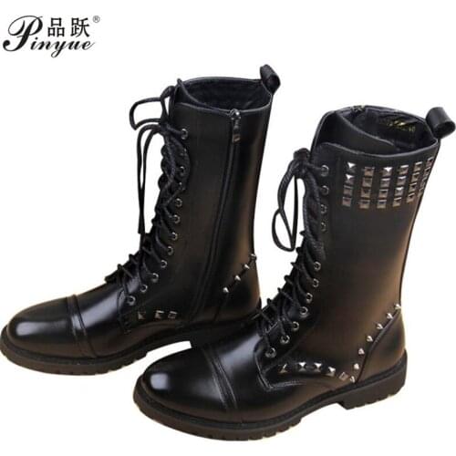 England Style Boots Black Punk Motorcycle Boots For Men PU Leather Zipper Buckle Strap Warm Snow Boot Riveted mens Martin boots
