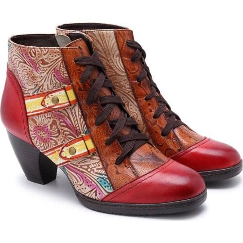 Retro Bohemian Boots Women Spring Autumn Cow Leather 4CM Thick heel Motorcycle Boots Chunky Heel Ankle Lace Up Woman Shoes