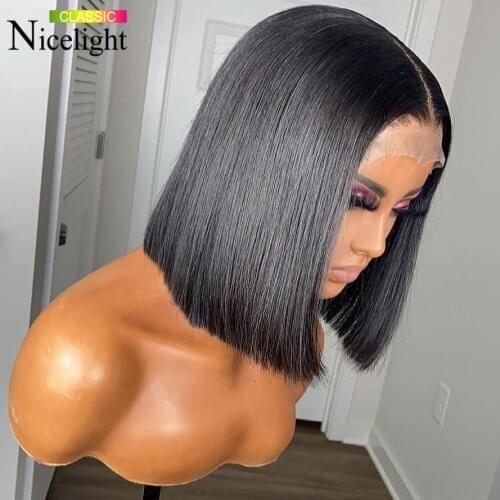 Nicelight Brazilian Hair Lace Wig Short Bob Lace Closure Wig Remy Smooth Straight Human Hair Wigs Natural Color 4x4 Lace Bob Wig