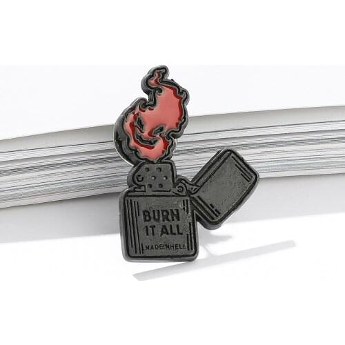 Burn it All Devil Flame Lighter Punk Enamel Brooch Strange Gothic Lapel Brooch For Man Women Cool Jackets Rock Jewelry Badges
