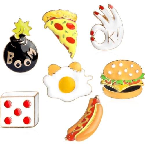 Pizza Hamburger Hot Dogs Poached Eggs Dice OK BOOM Brooch Denim Jeans Enamel Pin Buckle Shirt Badge Fashion Gift For Friend