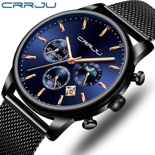 Relogio Masculino Top Luxury Brand CRRJU Men Watch Stylish Chronograph Waterproof Wristwatch Casual Female Moon Phase Clock