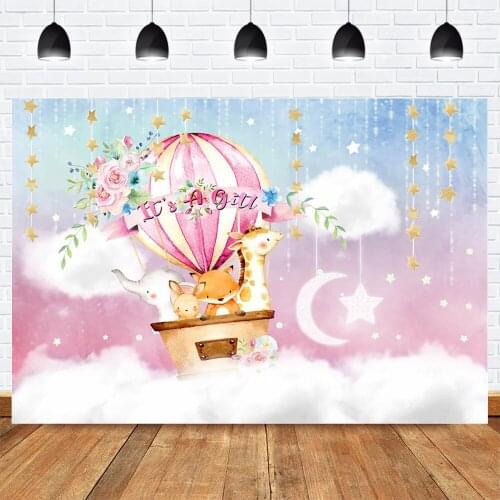 Girl Newborn Background Cartoon Animal Princess Baby Shower Birthday Photo Backdrop Rainbow Hot Air Balloon Photographic Cloud