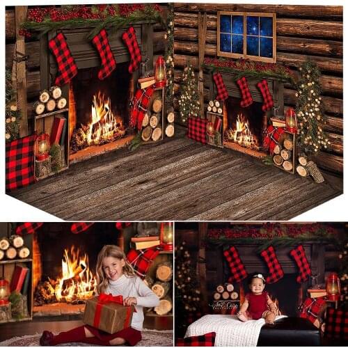 Christmas Rustic Fireplace Room Background Red Socks Wood Window Portrait Backdrop Photography Winter Xmas Photography Studio